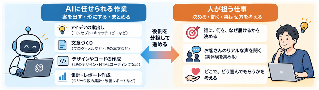 案出しや文章づくりをAIに、決定やお客さんの声を聞く仕事を人に振り分けた分担図