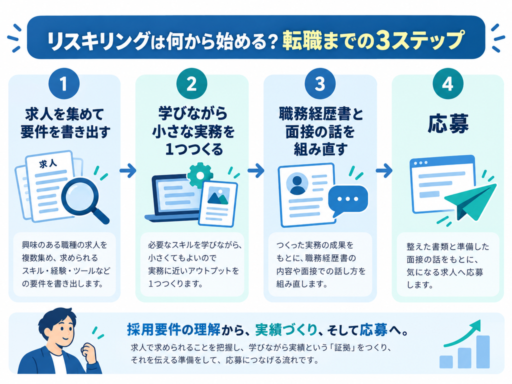 求人の要件の書き出しから、小さな実務づくり、職務経歴書の書き直しを経て応募に至る3段階の流れ