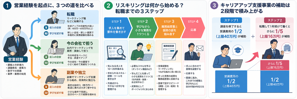 講座修了時に受講費用の半分、転職後1年の就業でさらに5分の1が補助される2段階の仕組み