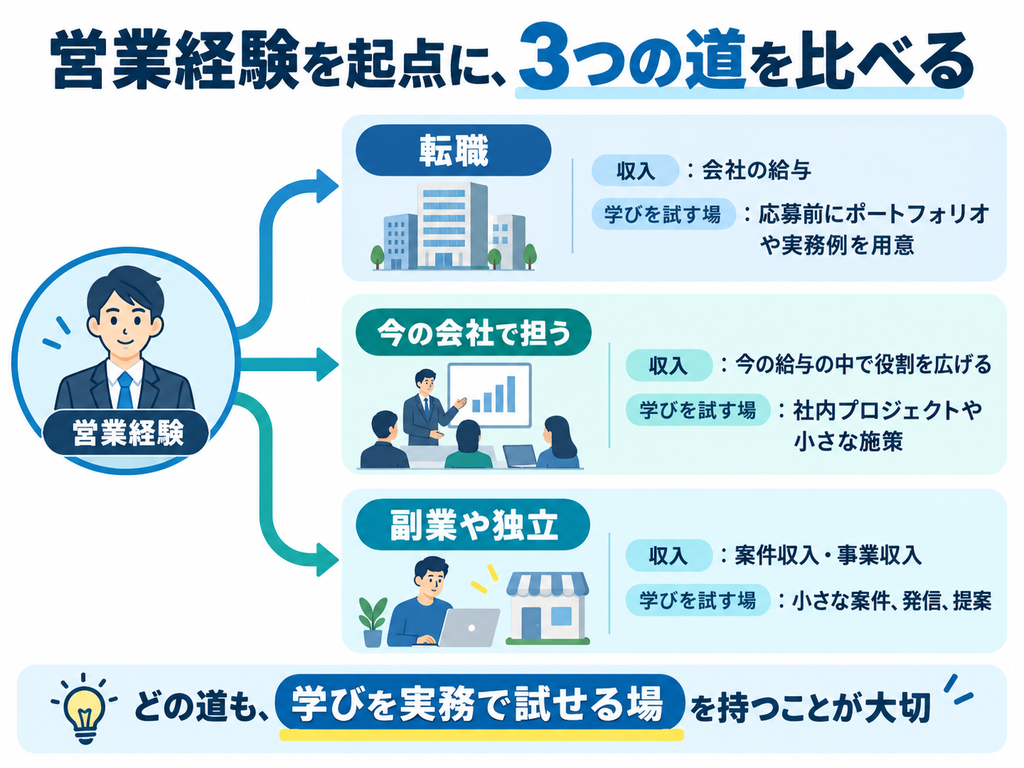 営業経験を起点に、転職、社内でマーケティングを担う、副業や独立の3つの道が分かれ、収入と試す場の違いが並ぶ図