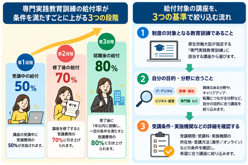 給付対象の講座を、実務の事例・課題の有無・使い道の3つの基準で絞り込む流れ